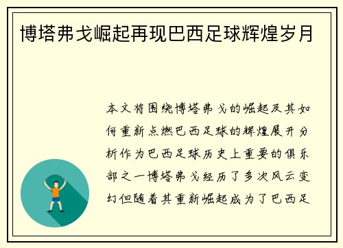 博塔弗戈崛起再现巴西足球辉煌岁月